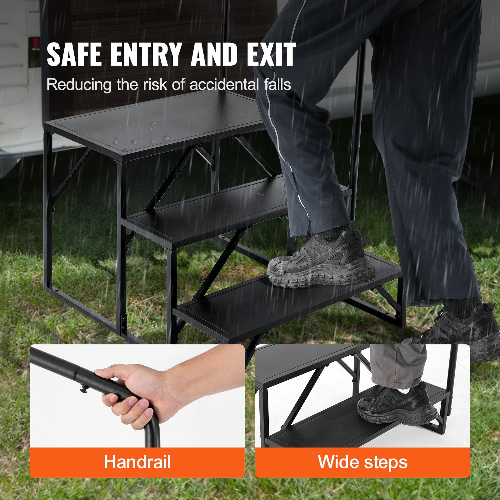 3-Step RV Stairs with Handrail - Heavy-Duty 440 LBS Capacity, Non-Slip Carbon Steel Steps for Safe RV, Trailer, Camper Access