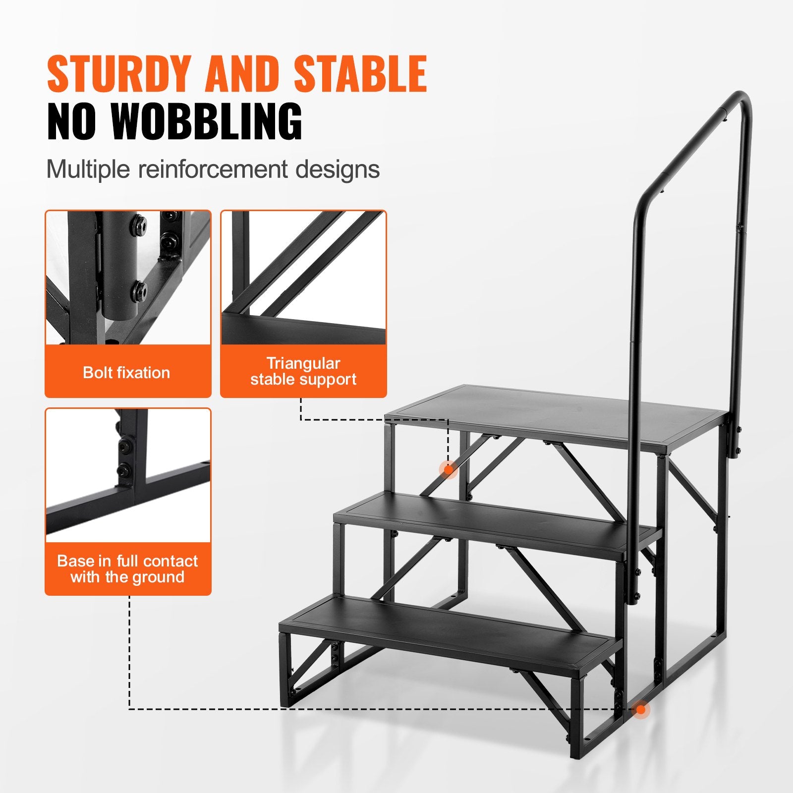 3-Step RV Stairs with Handrail - Heavy-Duty 440 LBS Capacity, Non-Slip Carbon Steel Steps for Safe RV, Trailer, Camper Access
