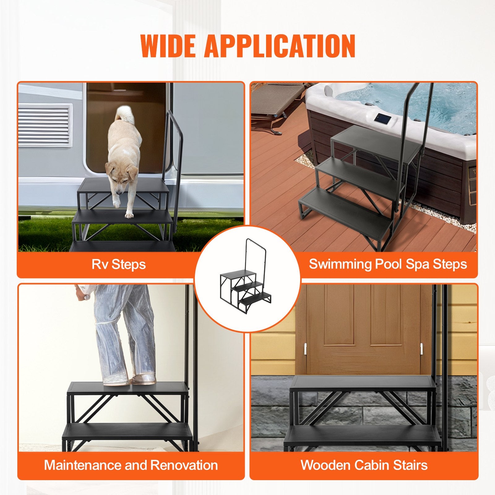 3-Step RV Stairs with Handrail - Heavy-Duty 440 LBS Capacity, Non-Slip Carbon Steel Steps for Safe RV, Trailer, Camper Access