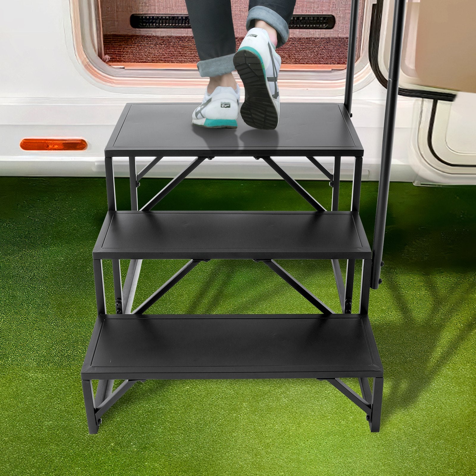 3-Step RV Stairs with Handrail - Heavy-Duty 440 LBS Capacity, Non-Slip Carbon Steel Steps for Safe RV, Trailer, Camper Access