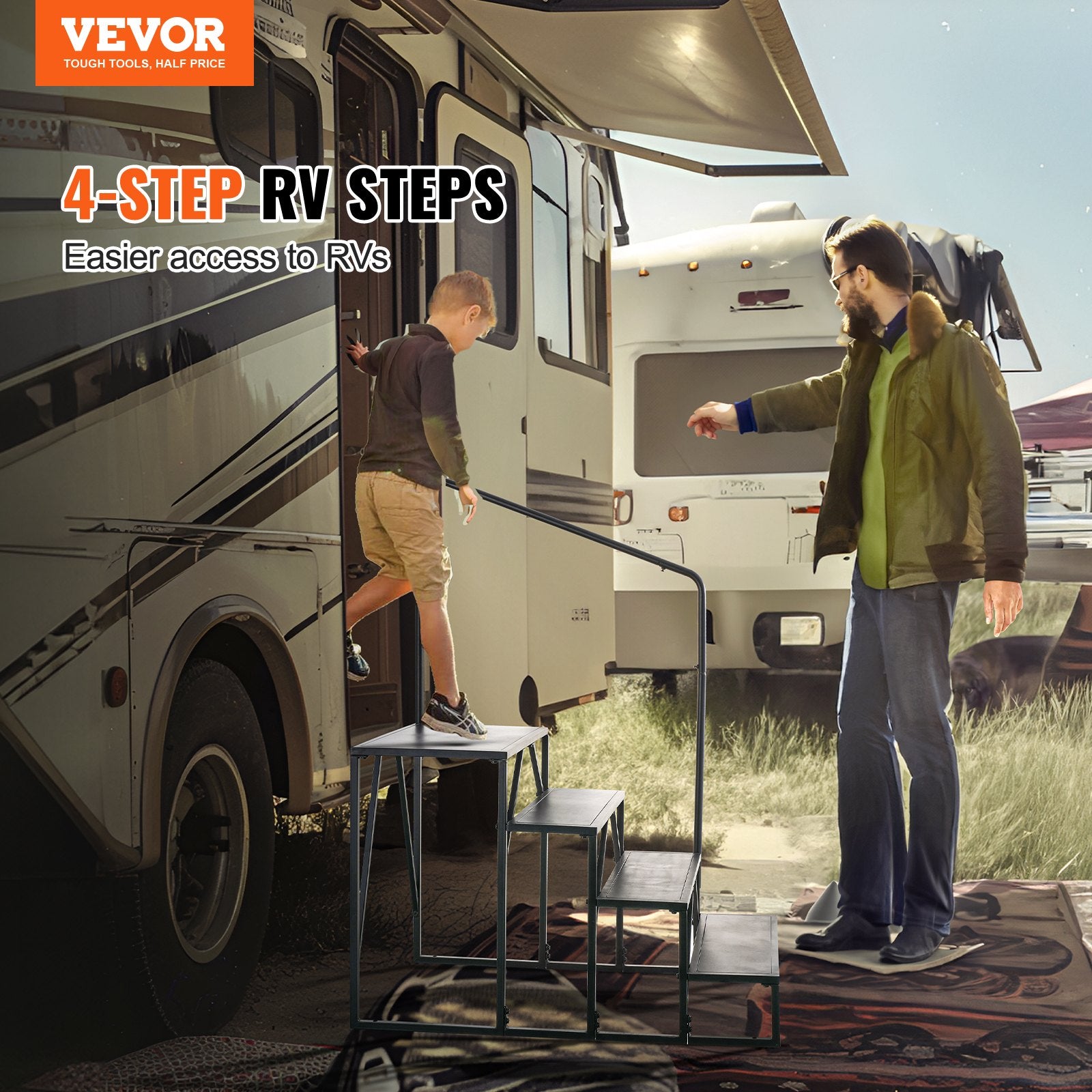 Heavy-Duty 4-Step RV Staircase with Handrail, Carbon Steel, Non-Slip Design, 440 LBS Capacity for Safe RV, Trailer, Camper Access