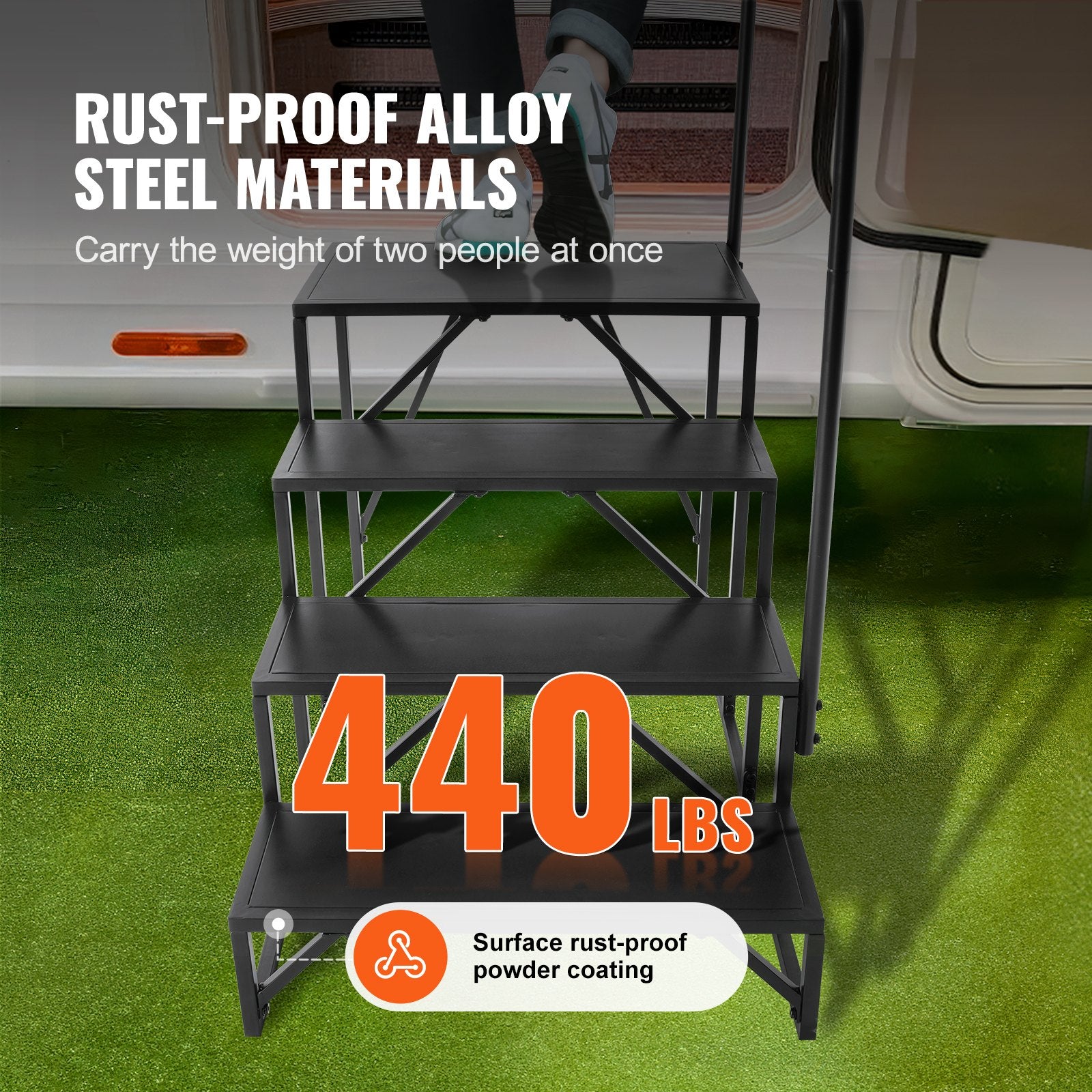 Heavy-Duty 4-Step RV Staircase with Handrail, Carbon Steel, Non-Slip Design, 440 LBS Capacity for Safe RV, Trailer, Camper Access