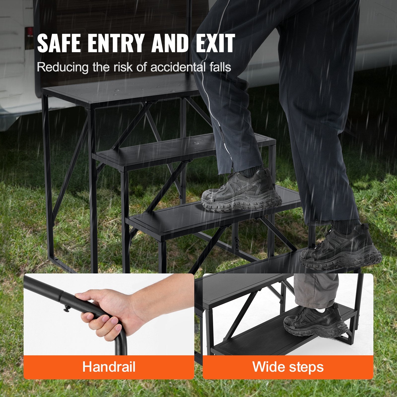 Heavy-Duty 4-Step RV Staircase with Handrail, Carbon Steel, Non-Slip Design, 440 LBS Capacity for Safe RV, Trailer, Camper Access