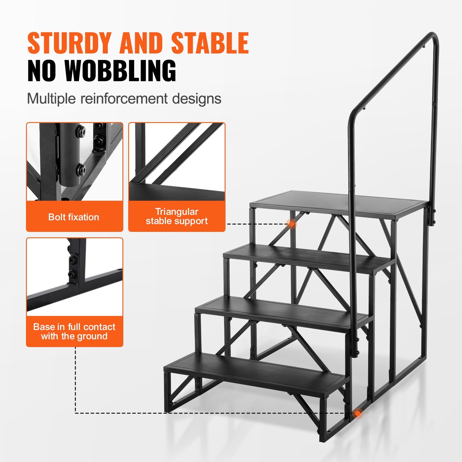 Heavy-Duty 4-Step RV Staircase with Handrail, Carbon Steel, Non-Slip Design, 440 LBS Capacity for Safe RV, Trailer, Camper Access