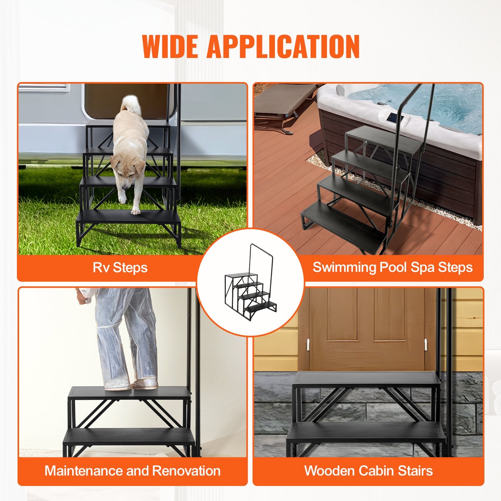 Heavy-Duty 4-Step RV Staircase with Handrail, Carbon Steel, Non-Slip Design, 440 LBS Capacity for Safe RV, Trailer, Camper Access