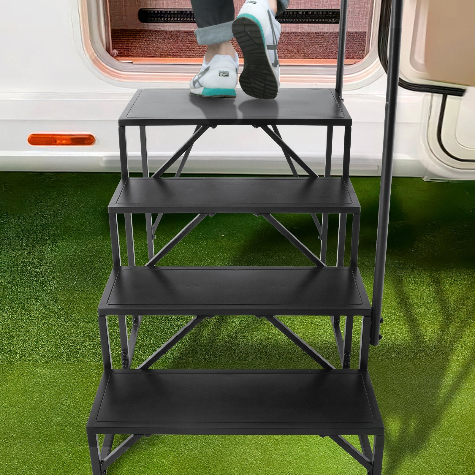 Heavy-Duty 4-Step RV Staircase with Handrail, Carbon Steel, Non-Slip Design, 440 LBS Capacity for Safe RV, Trailer, Camper Access