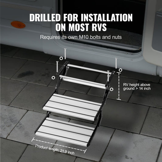RV Steps - 2-Step Manual Retractable Stairs, Foldable Aluminum with Non-Slip Surface, 440 lbs Capacity for Campers, Trailers, Safe Entry & Exit