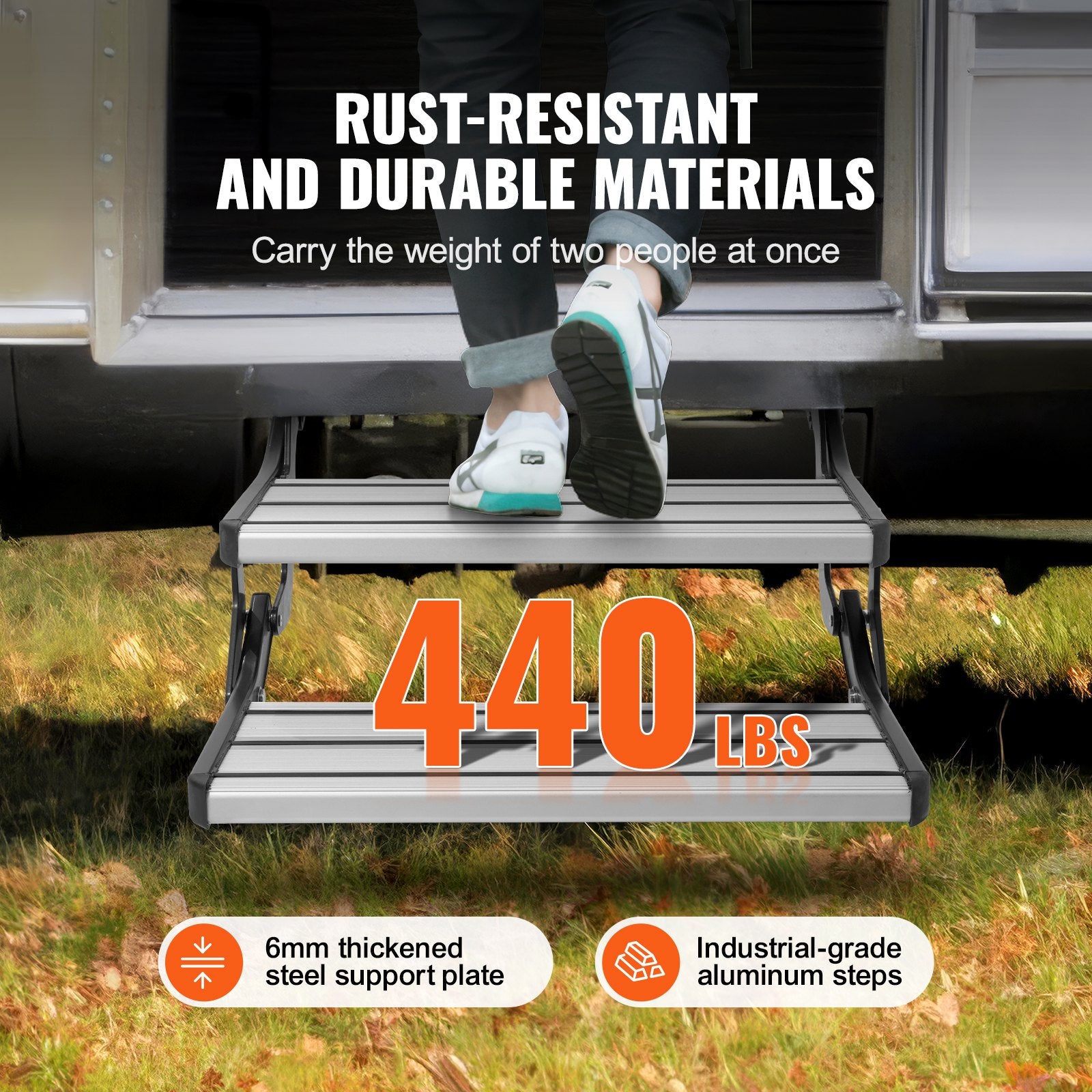 RV Steps - 2-Step Manual Retractable Stairs, Foldable Aluminum with Non-Slip Surface, 440 lbs Capacity for Campers, Trailers, Safe Entry & Exit