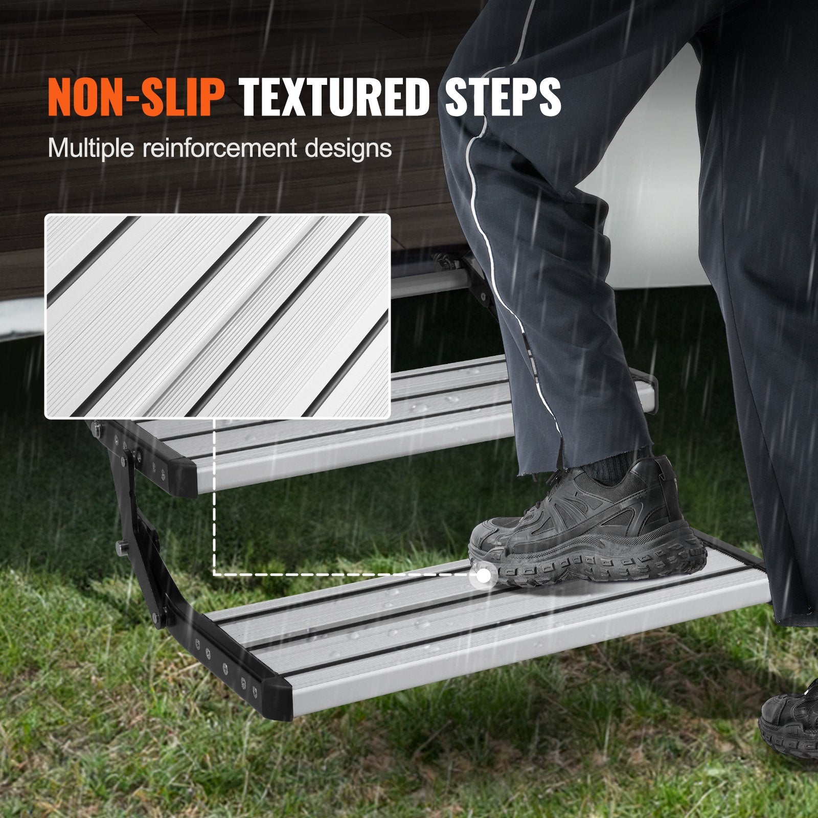 RV Steps - 2-Step Manual Retractable Stairs, Foldable Aluminum with Non-Slip Surface, 440 lbs Capacity for Campers, Trailers, Safe Entry & Exit