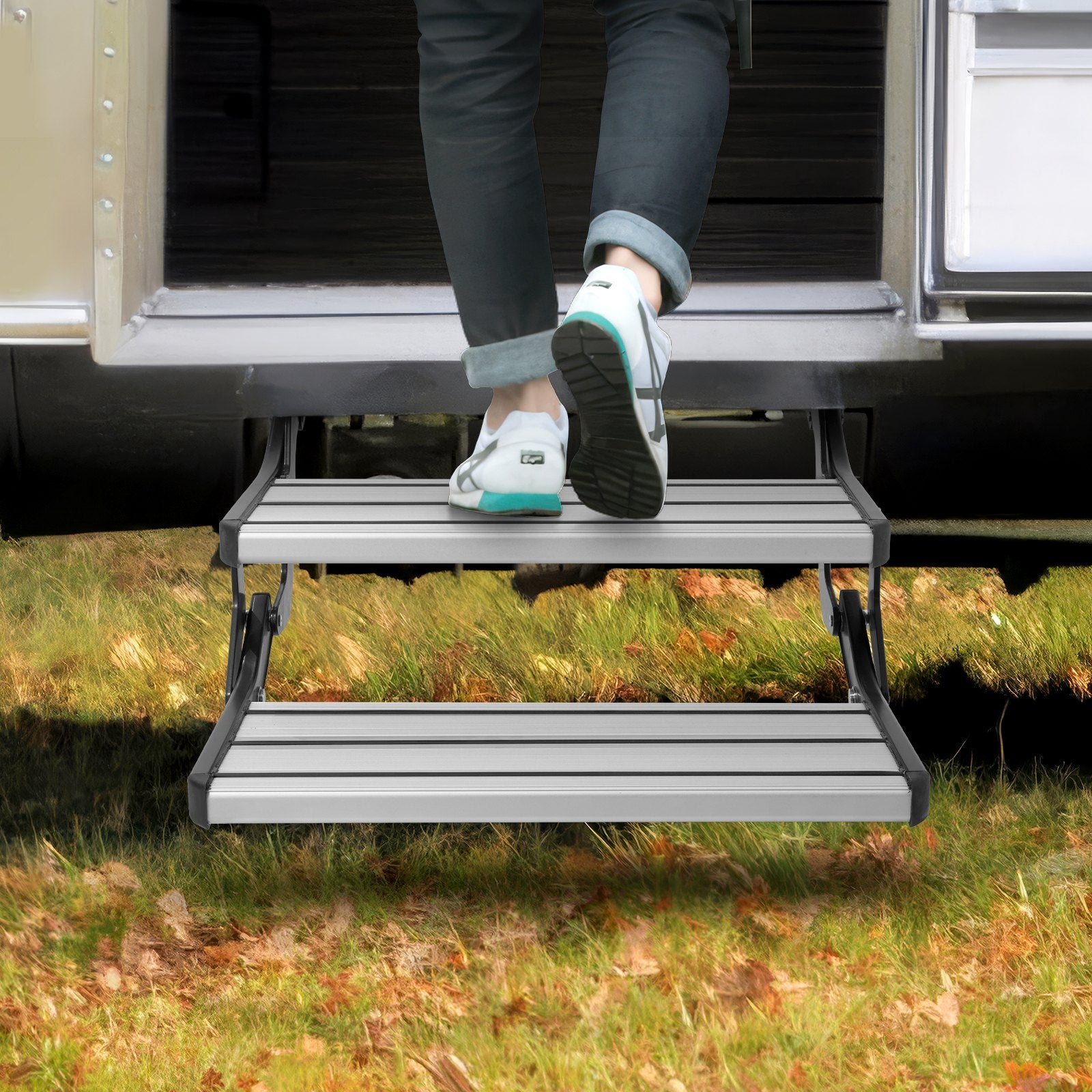RV Steps - 2-Step Manual Retractable Stairs, Foldable Aluminum with Non-Slip Surface, 440 lbs Capacity for Campers, Trailers, Safe Entry & Exit