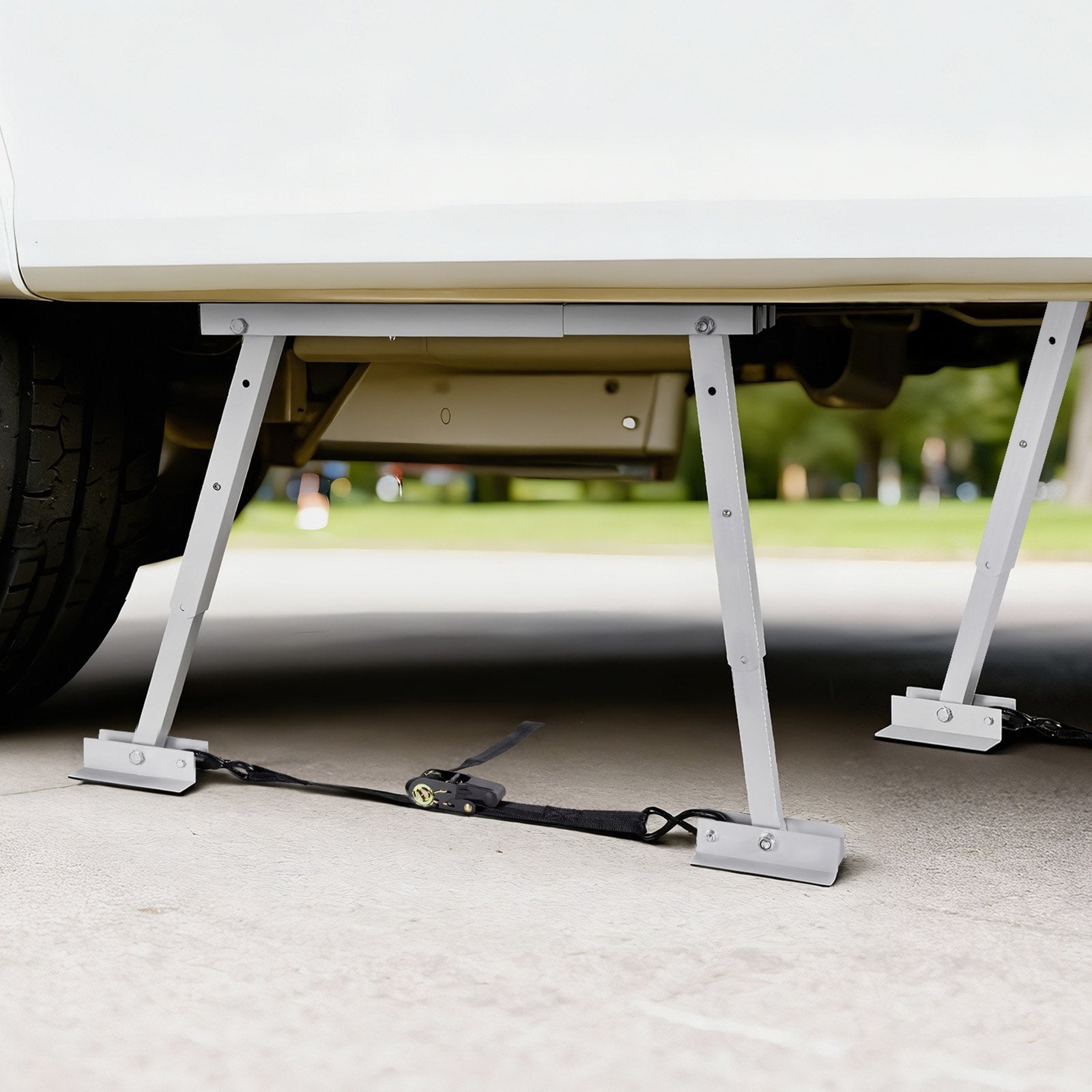Universal RV Bumper Stabilizer Pair for Trailers & Campers - Compact Foldable Design, Adjustable Height 12-28 Inches, Reduces Wobble, Durable Alloy Frame