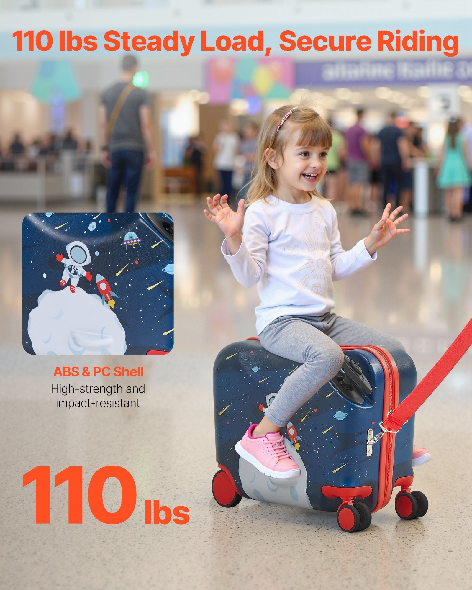 Compact Ride-On Toddler Luggage with Wheels, 26L Capacity, Adjustable Strap, Lightweight Suitcase for Kids 3+, Blue & White, Travel Fun