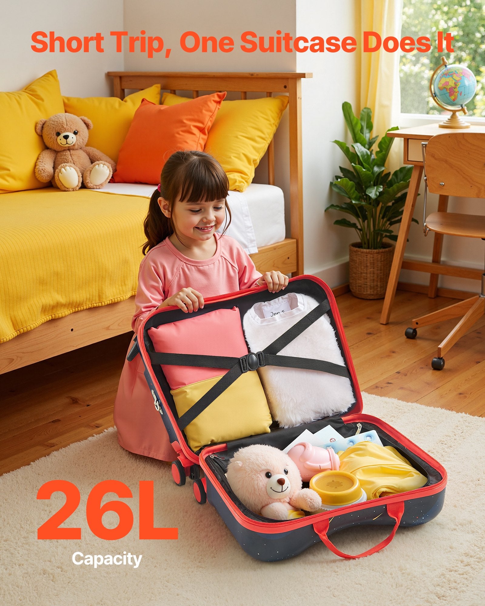 Compact Ride-On Toddler Luggage with Wheels, 26L Capacity, Adjustable Strap, Lightweight Suitcase for Kids 3+, Blue & White, Travel Fun