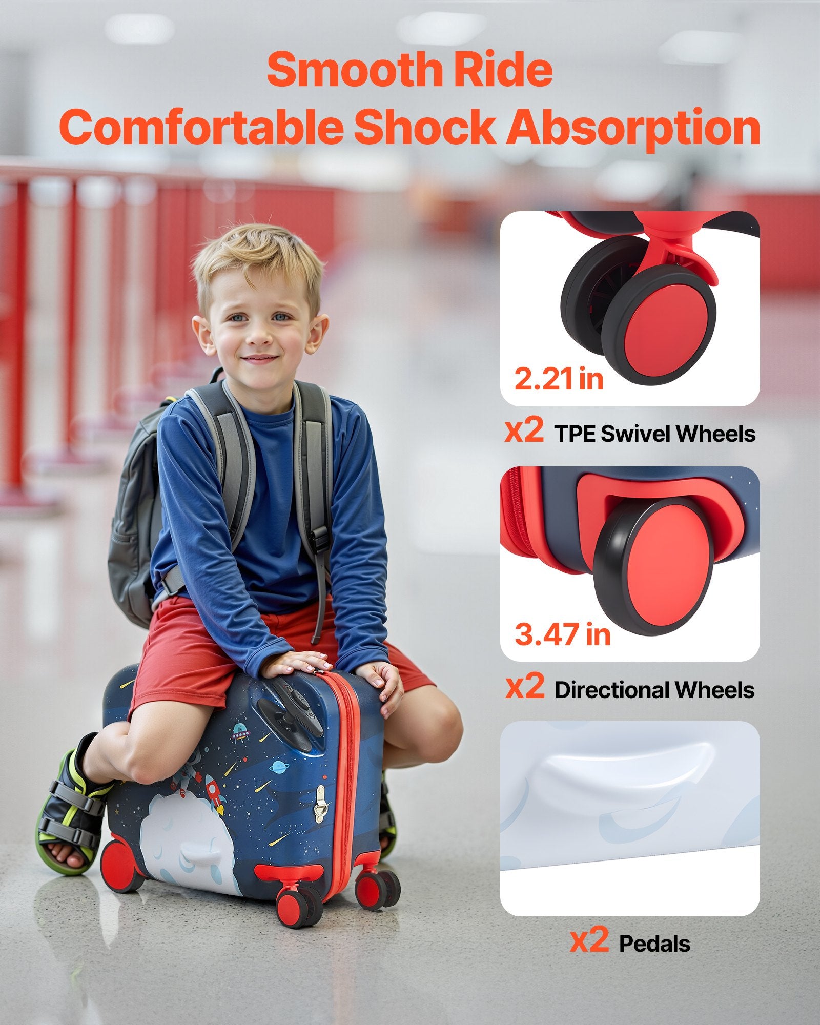 Compact Ride-On Toddler Luggage with Wheels, 26L Capacity, Adjustable Strap, Lightweight Suitcase for Kids 3+, Blue & White, Travel Fun