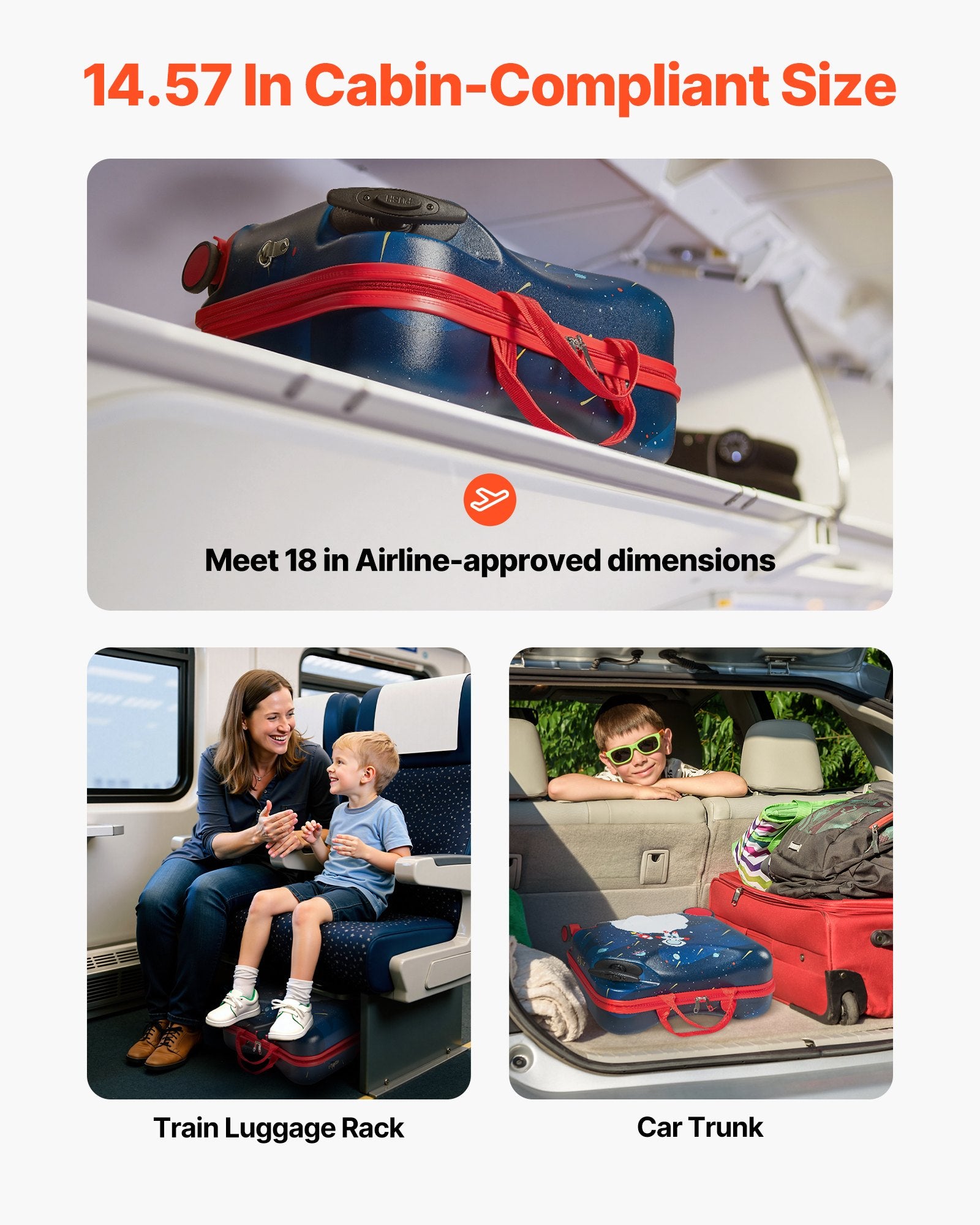Compact Ride-On Toddler Luggage with Wheels, 26L Capacity, Adjustable Strap, Lightweight Suitcase for Kids 3+, Blue & White, Travel Fun
