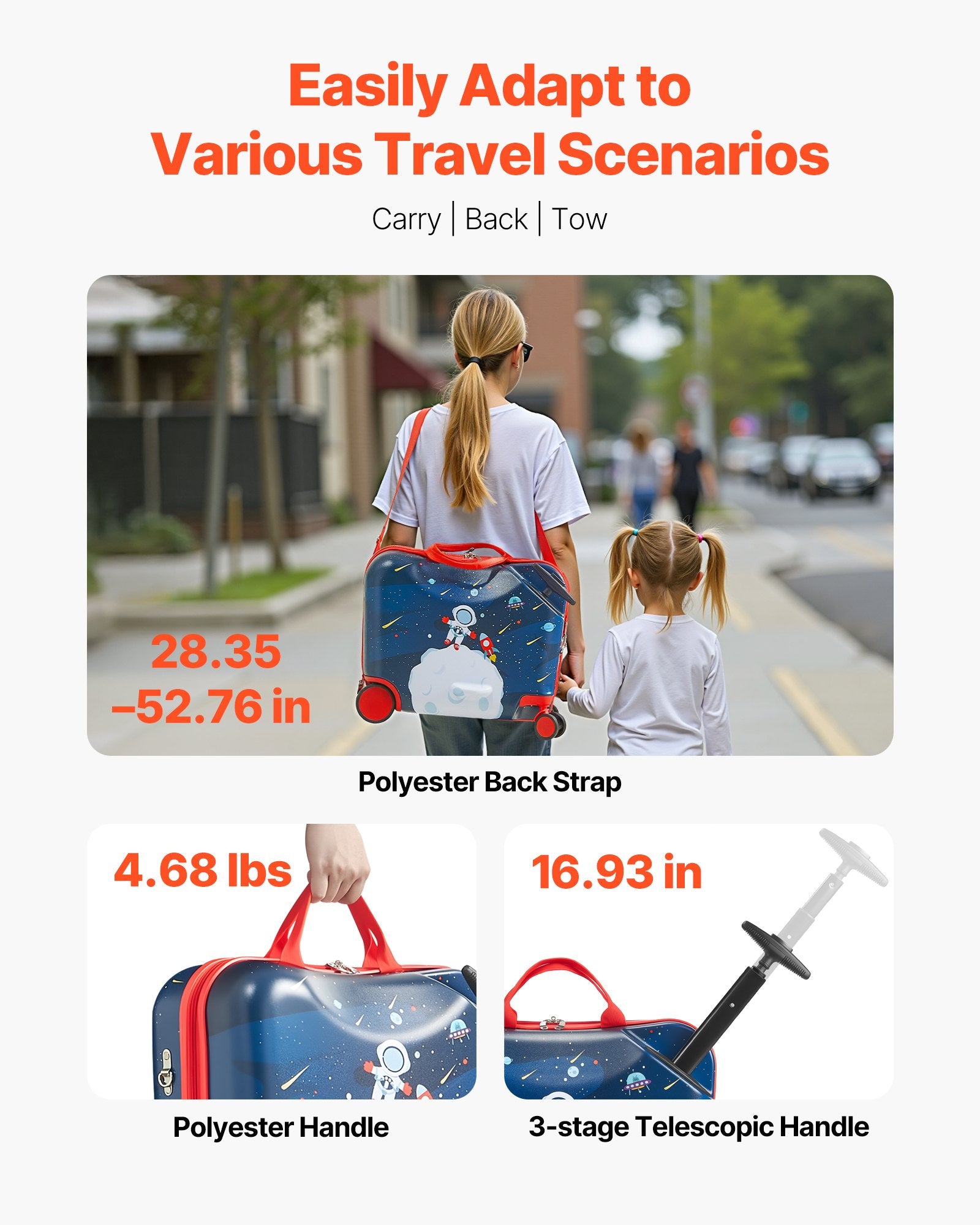 Compact Ride-On Toddler Luggage with Wheels, 26L Capacity, Adjustable Strap, Lightweight Suitcase for Kids 3+, Blue & White, Travel Fun