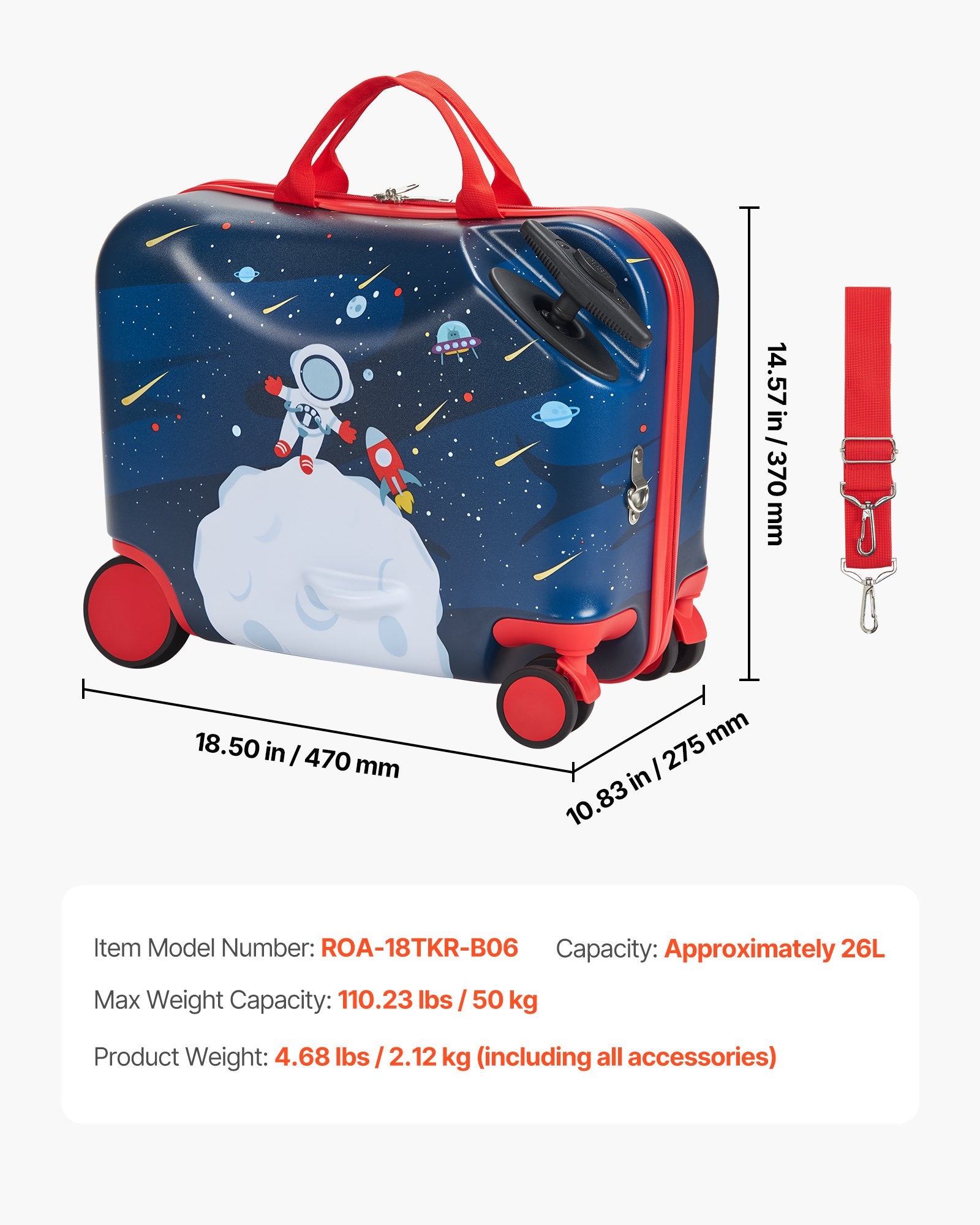 Compact Ride-On Toddler Luggage with Wheels, 26L Capacity, Adjustable Strap, Lightweight Suitcase for Kids 3+, Blue & White, Travel Fun