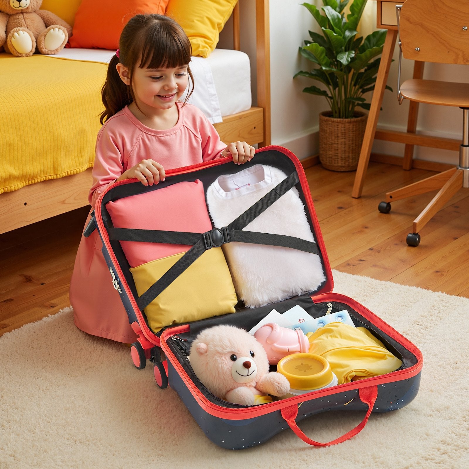 Compact Ride-On Toddler Luggage with Wheels, 26L Capacity, Adjustable Strap, Lightweight Suitcase for Kids 3+, Blue & White, Travel Fun