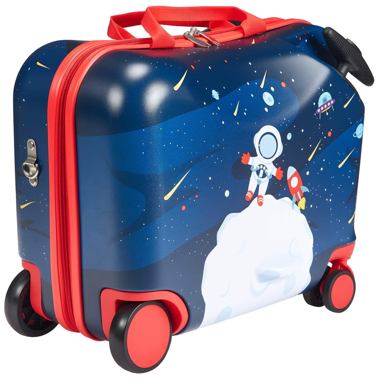Compact Ride-On Toddler Luggage with Wheels, 26L Capacity, Adjustable Strap, Lightweight Suitcase for Kids 3+, Blue & White, Travel Fun