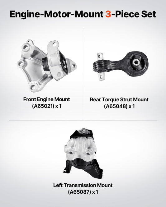 Engine & Transmission Mount Kit for 2012-2013 Honda Civic 1.8L Coupe - 3-Piece Set for Stable Support, Direct Fit, Enhanced Comfort, OE# A65048, A65021, A65087