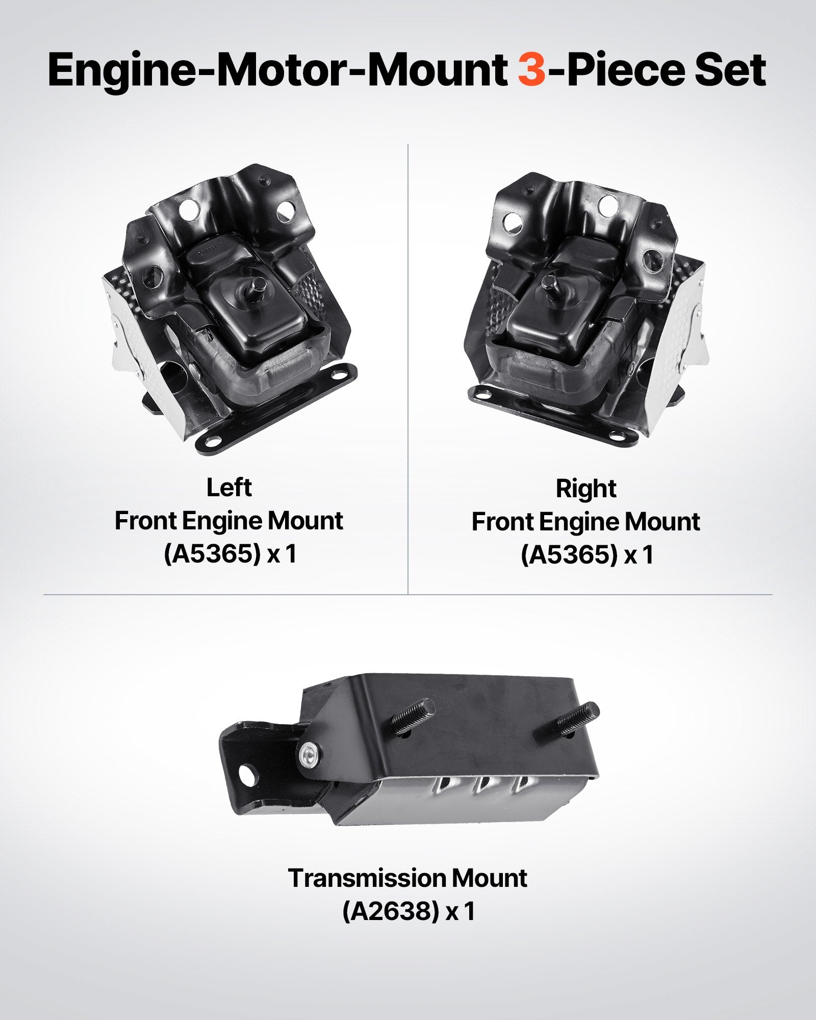 Set of 3 Engine & Transmission Motor Mounts for 2007–2013 Chevrolet Silverado 1500 5.3L V8 | OE# A5365, A2638 | Enhanced Stability & Comfort