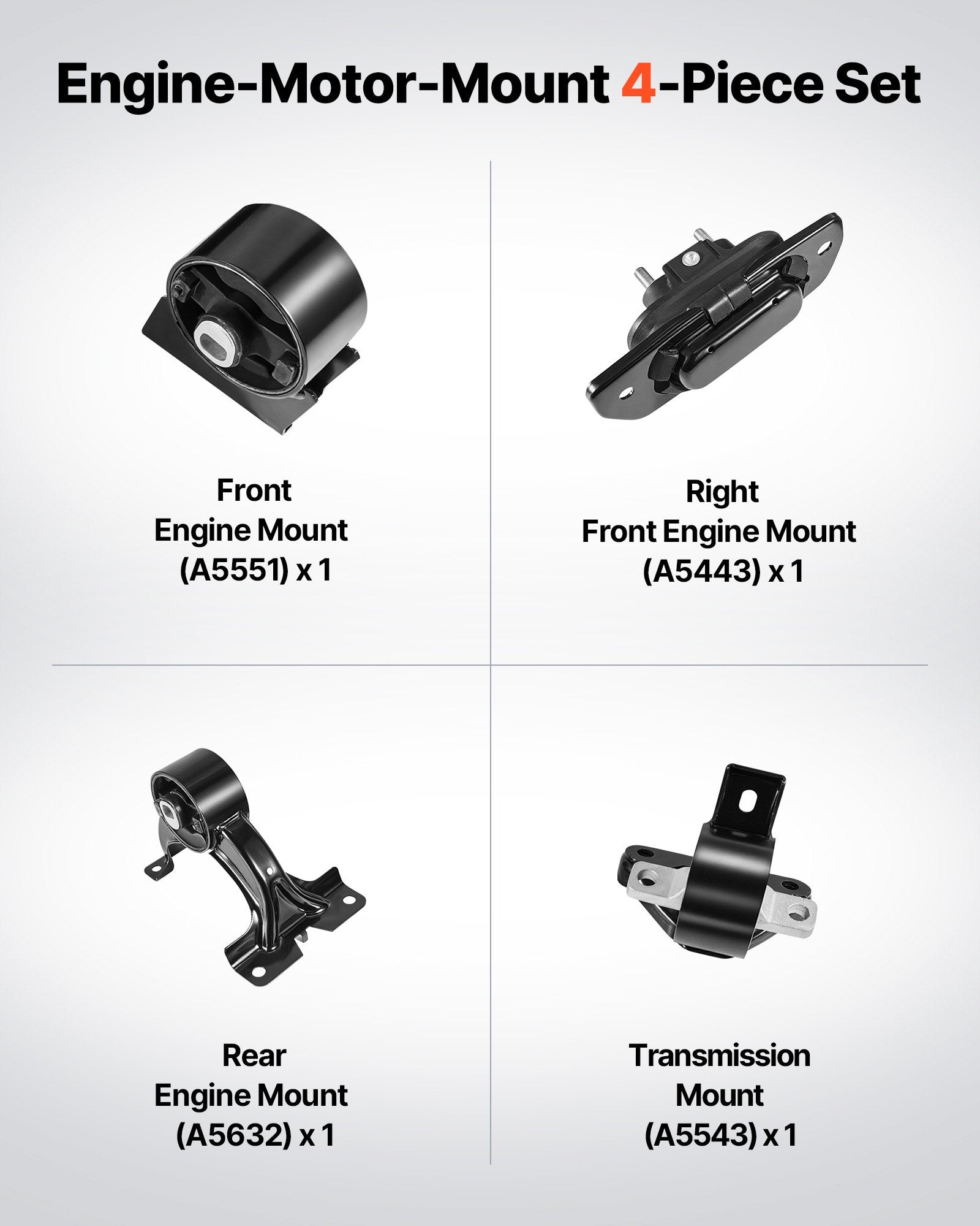 Premium Engine & Transmission Mount Kit for 2011–2019 Dodge Journey 3.6L FWD - Set of 4 with OE# A5551, A5443, A5632, A5543, Ensuring Stability & Comfort