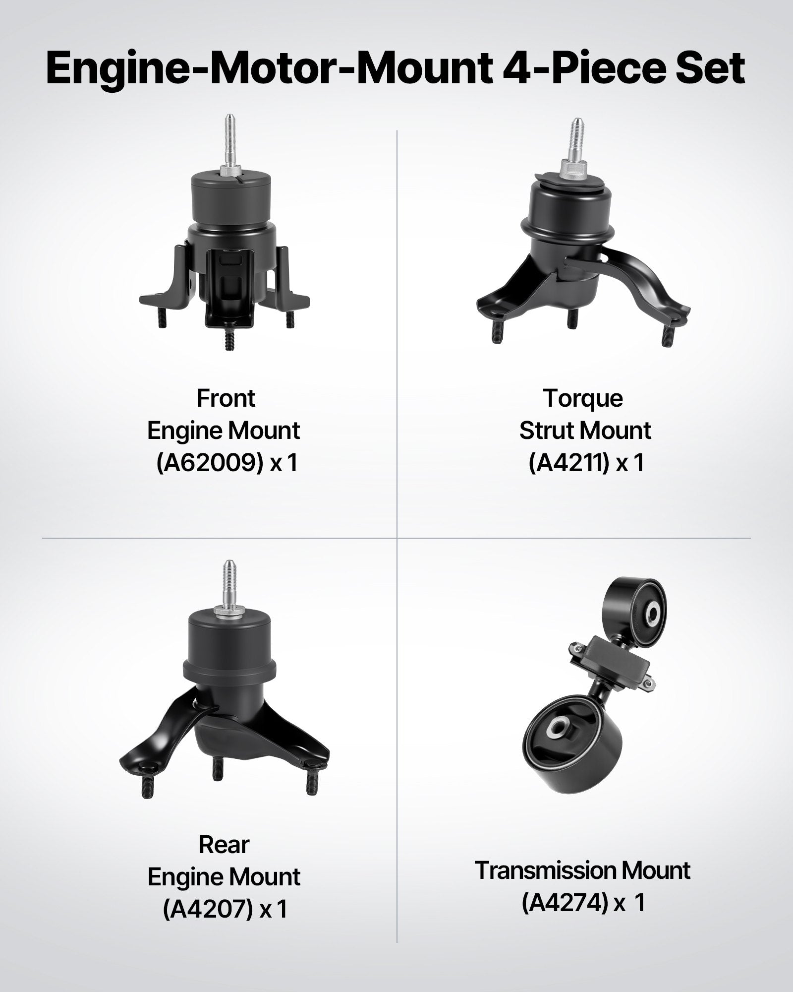 Enhanced Engine & Transmission Mount Kit, 4-Piece Set for 2007–2011 Toyota Camry 2.4L L4 - Secure OE# A62009, A4207, A4211, A4274 Fit & Comfort