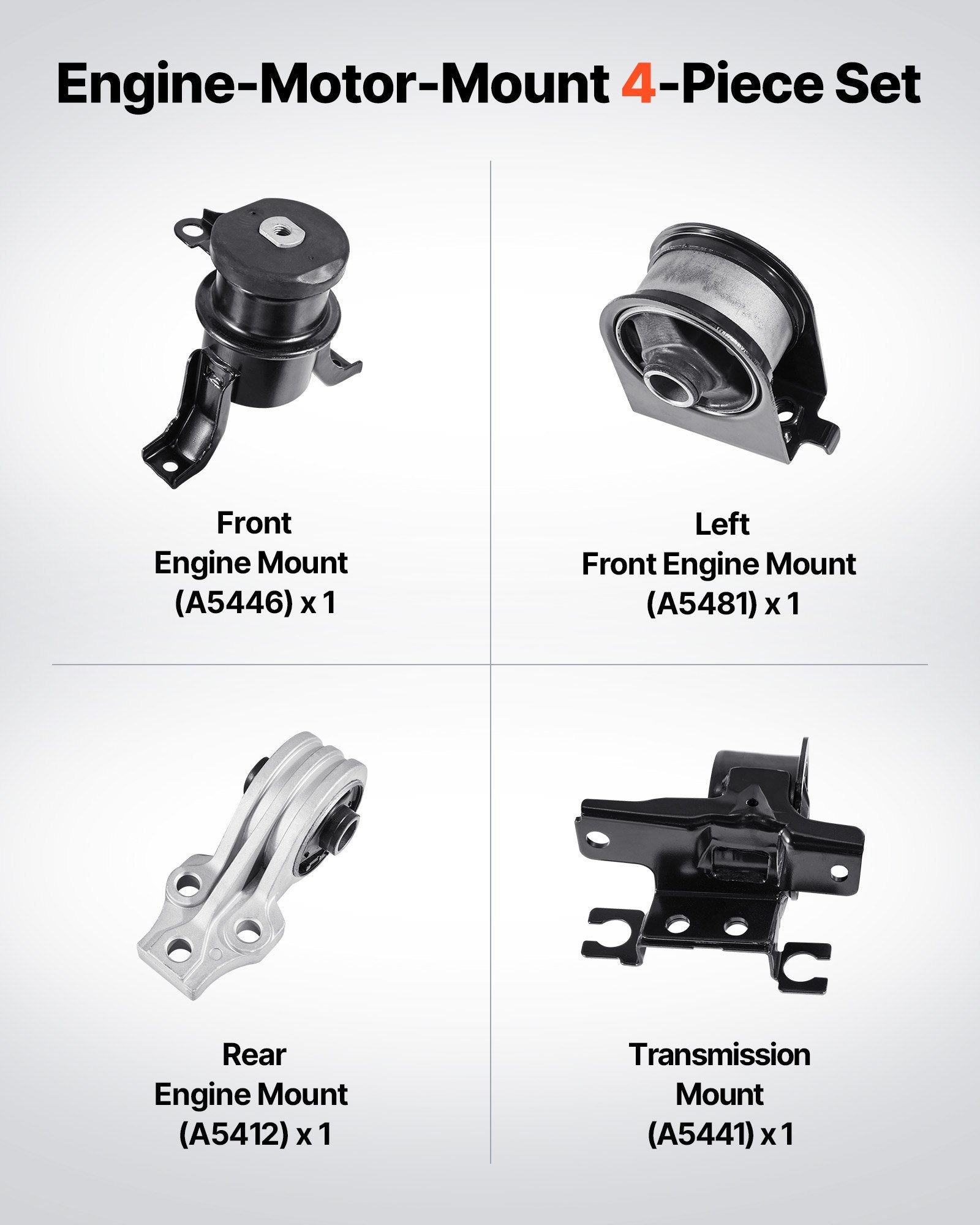 Engine & Transmission Mount Kit for 2009–2012 Ford Escape 2.5L L4 - 4-Piece Set with OE# A5446, A5481, A5412, A5441 for Secure and Stable Support