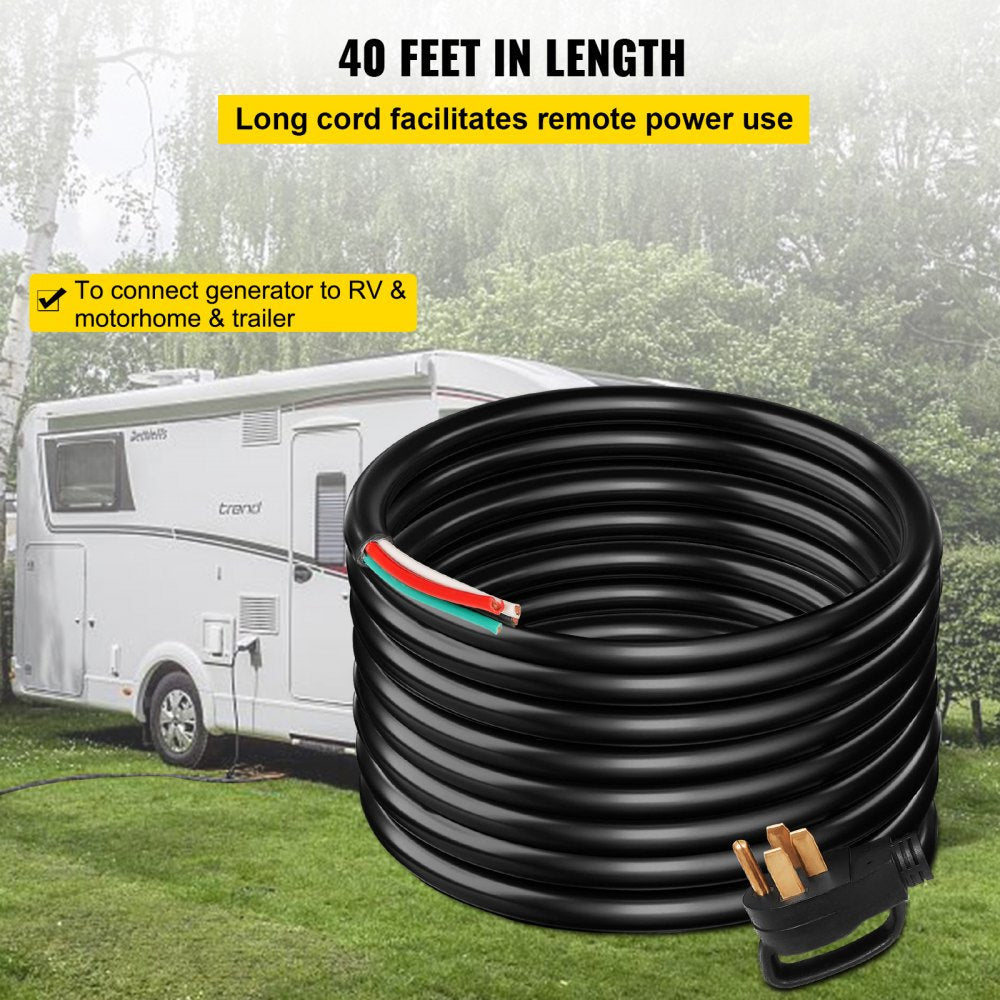 Heavy-Duty 40-Foot 50-Amp RV Power Cable with NEMA 14-50P Plug and Bare Wire Ends 6/3 + 8/1 AWG