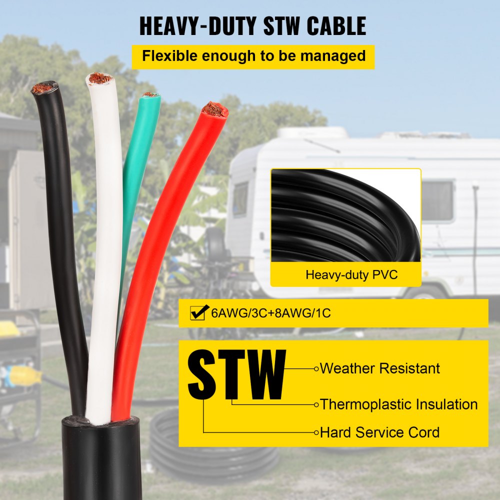 Heavy-Duty 40-Foot 50-Amp RV Power Cable with NEMA 14-50P Plug and Bare Wire Ends 6/3 + 8/1 AWG