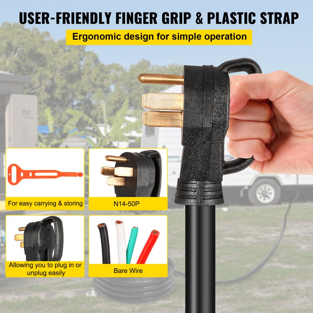 Heavy-Duty 40-Foot 50-Amp RV Power Cable with NEMA 14-50P Plug and Bare Wire Ends 6/3 + 8/1 AWG
