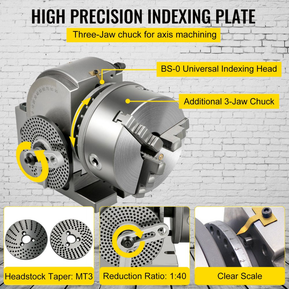 Semi Universal Dividing Head Set with 6" 3-Jaw Chuck, Tailstock, and Dividing Plates for Precision Milling, Grinding, and Drilling Operations