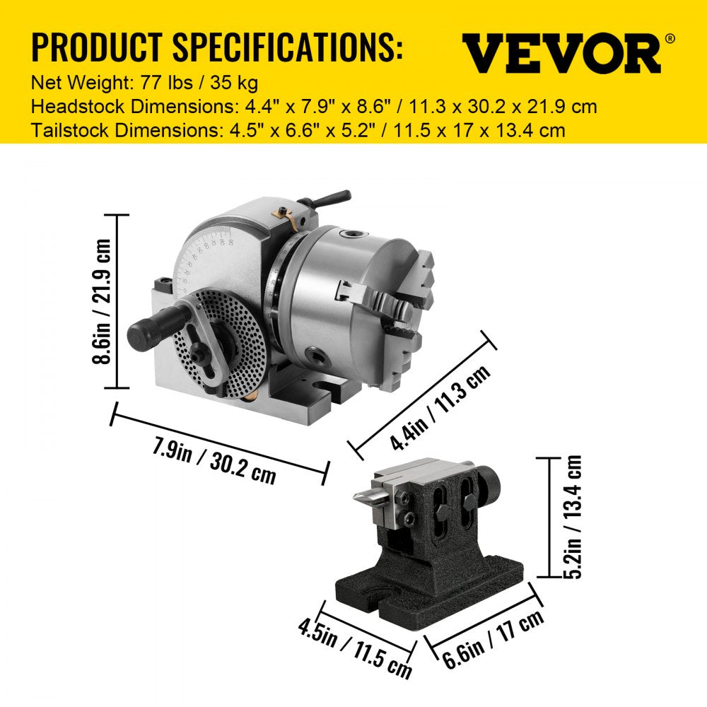 Semi Universal Dividing Head Set with 6" 3-Jaw Chuck, Tailstock, and Dividing Plates for Precision Milling, Grinding, and Drilling Operations