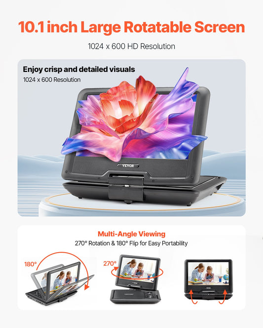 10.1" HD Portable DVD Player with Swivel Screen, 4-Hour Battery, Dual Speakers, TV/USB/SD/CD/DVD Sync, Car Charger, Remote & More