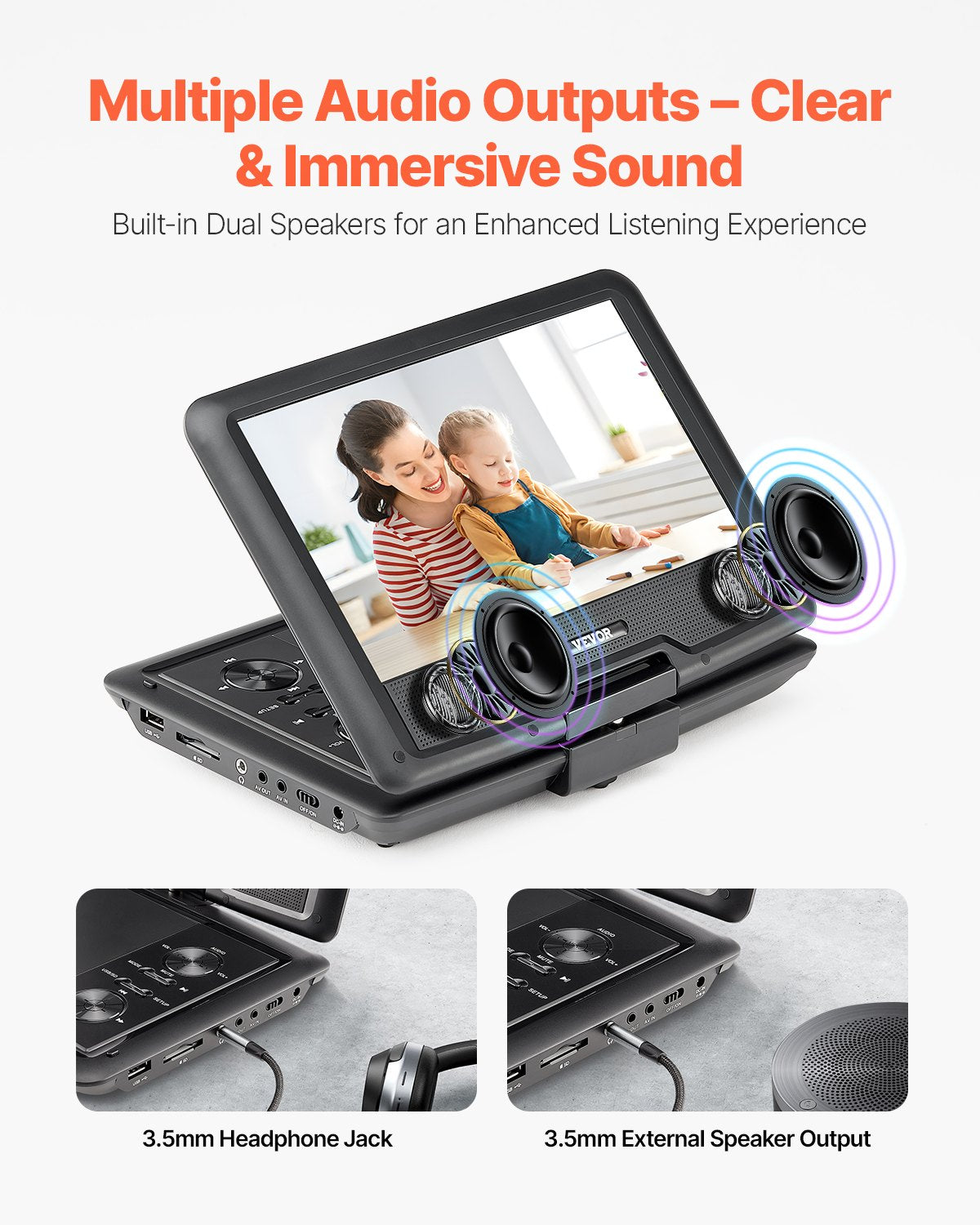10.1" HD Portable DVD Player with Swivel Screen, 4-Hour Battery, Dual Speakers, TV/USB/SD/CD/DVD Sync, Car Charger, Remote & More