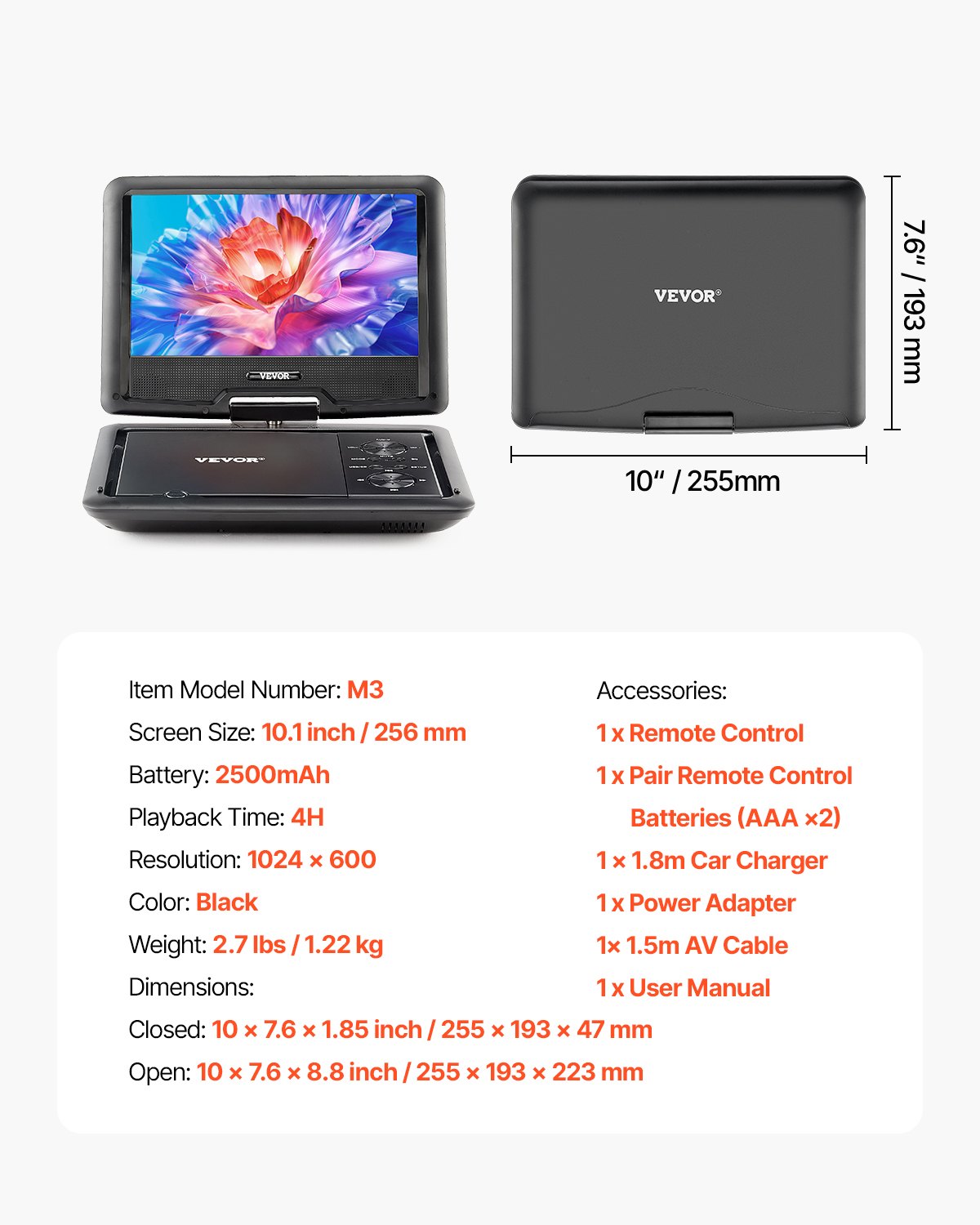 10.1" HD Portable DVD Player with Swivel Screen, 4-Hour Battery, Dual Speakers, TV/USB/SD/CD/DVD Sync, Car Charger, Remote & More