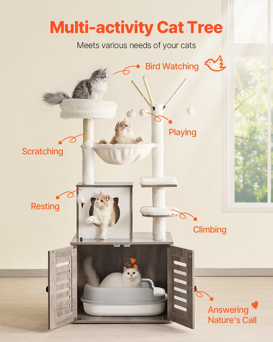 Spacious 54.33" Cat Tree with Litter Box Enclosure, Multi-Level Condo, Sisal Posts, Perches, Hammock, Indoor Kitten Playhouse, Easy-Clean, Gray