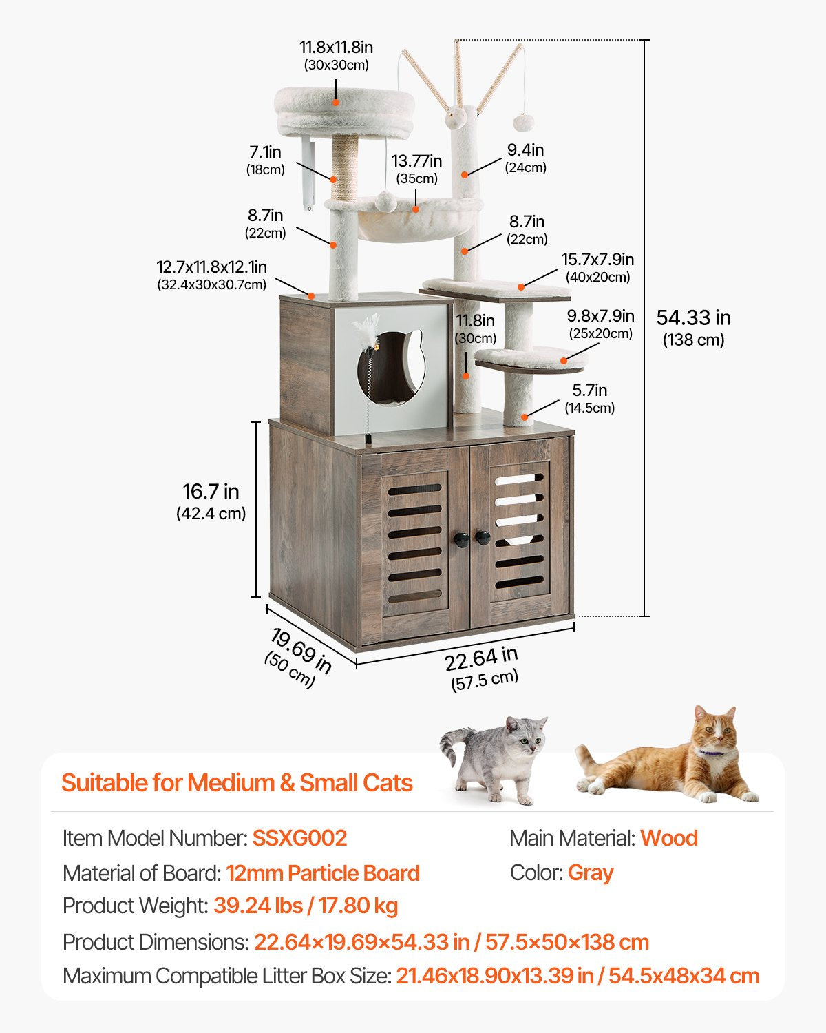Spacious 54.33" Cat Tree with Litter Box Enclosure, Multi-Level Condo, Sisal Posts, Perches, Hammock, Indoor Kitten Playhouse, Easy-Clean, Gray