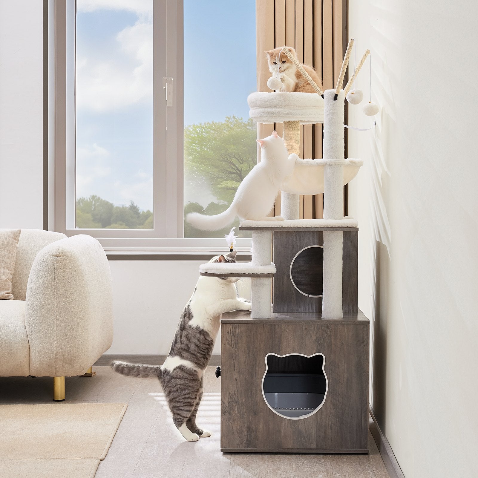 Spacious 54.33" Cat Tree with Litter Box Enclosure, Multi-Level Condo, Sisal Posts, Perches, Hammock, Indoor Kitten Playhouse, Easy-Clean, Gray
