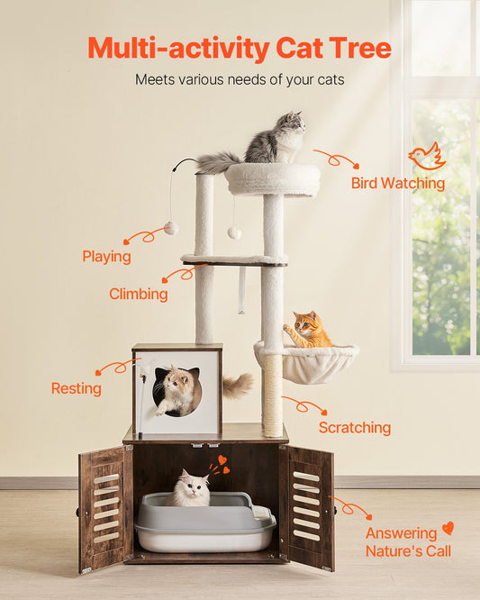 Spacious 55.12" Cat Tree with Litter Box Enclosure, Multi-Level Condo, Scratching Posts, Hammock, Perches, for Indoor Cats & Kittens