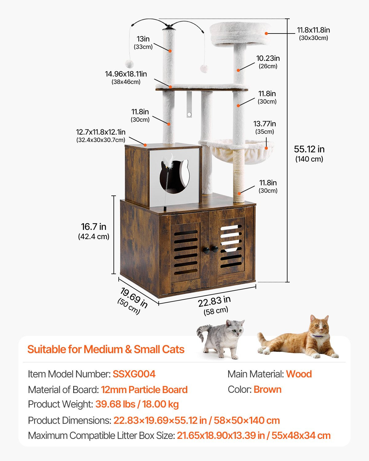 Spacious 55.12" Cat Tree with Litter Box Enclosure, Multi-Level Condo, Scratching Posts, Hammock, Perches, for Indoor Cats & Kittens