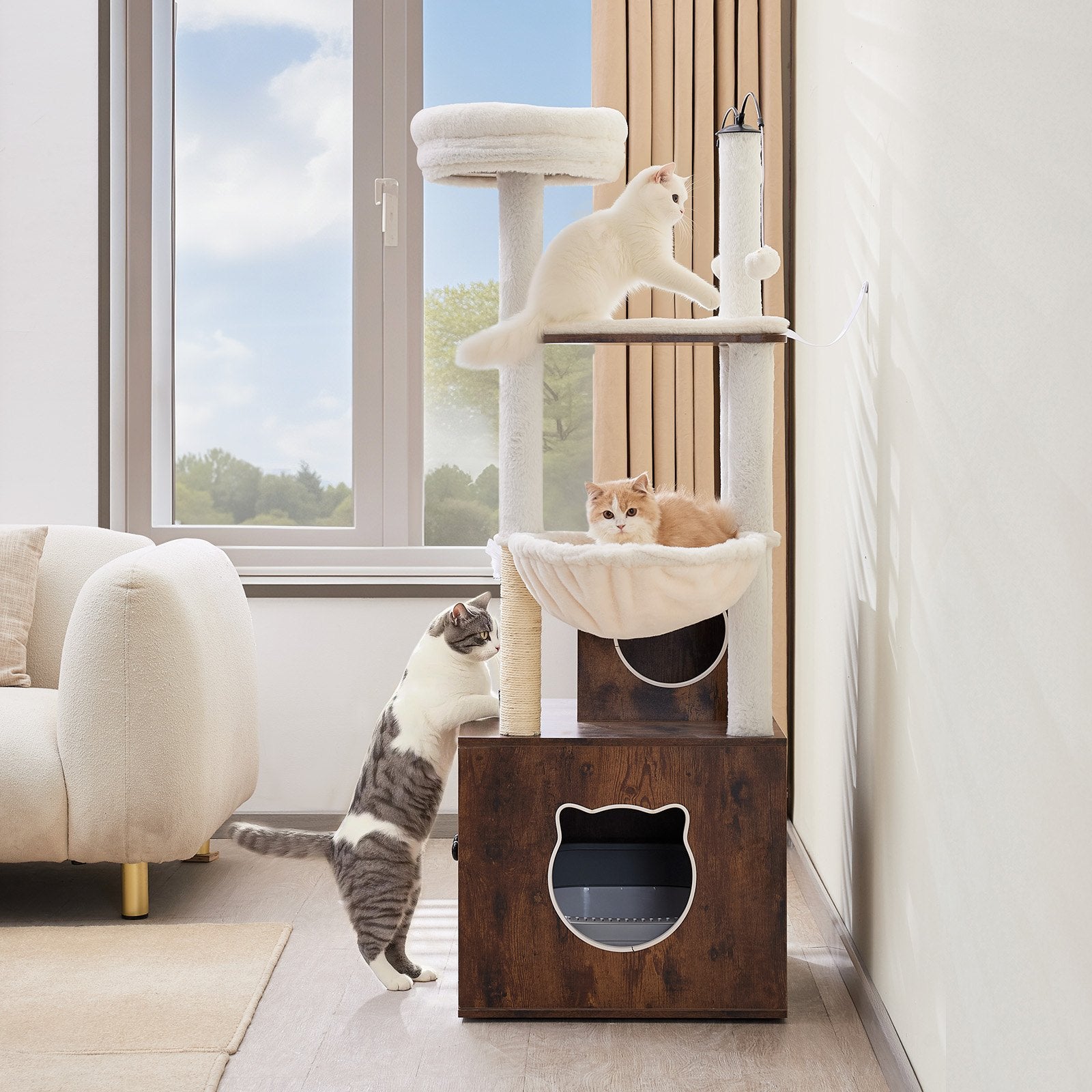 Spacious 55.12" Cat Tree with Litter Box Enclosure, Multi-Level Condo, Scratching Posts, Hammock, Perches, for Indoor Cats & Kittens