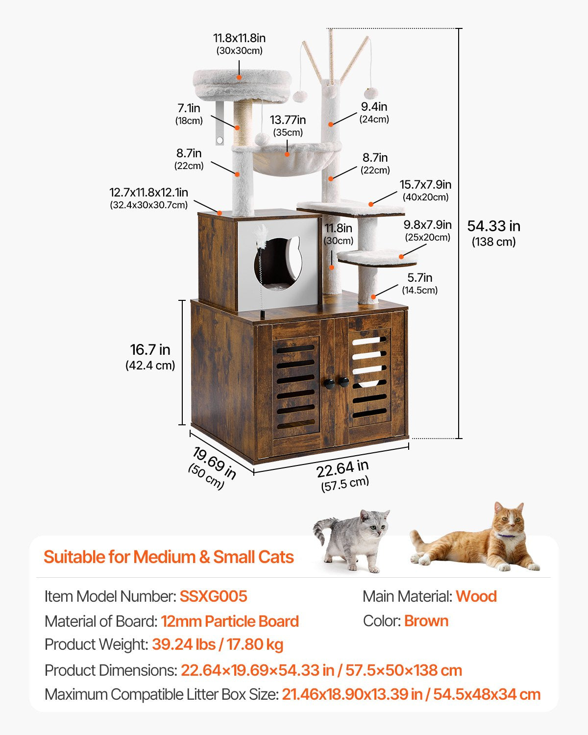 Spacious 54" Cat Tree Tower with Litter Box, Multi-Level Condo, Scratch Posts, Hammock & Perches for Indoor Cats and Big Kittens