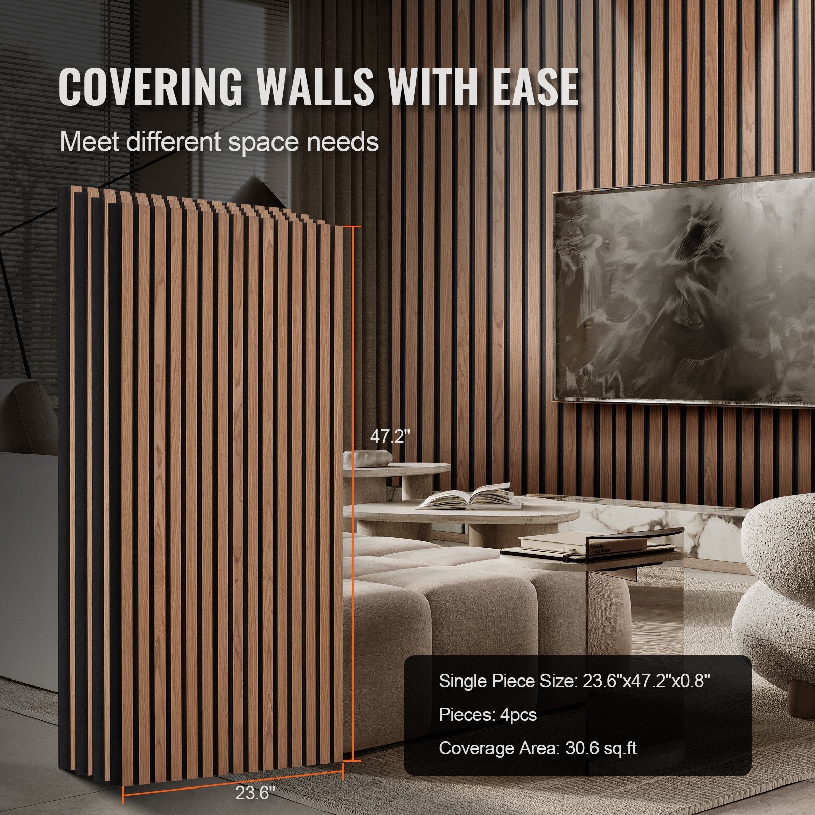 Walnut MDF Wood Slat Acoustic Panels, 23.6x47.2", Stylish Modern Wall Decor for Noise Reduction, Faux Wood Accent Boards, 4 Pcs