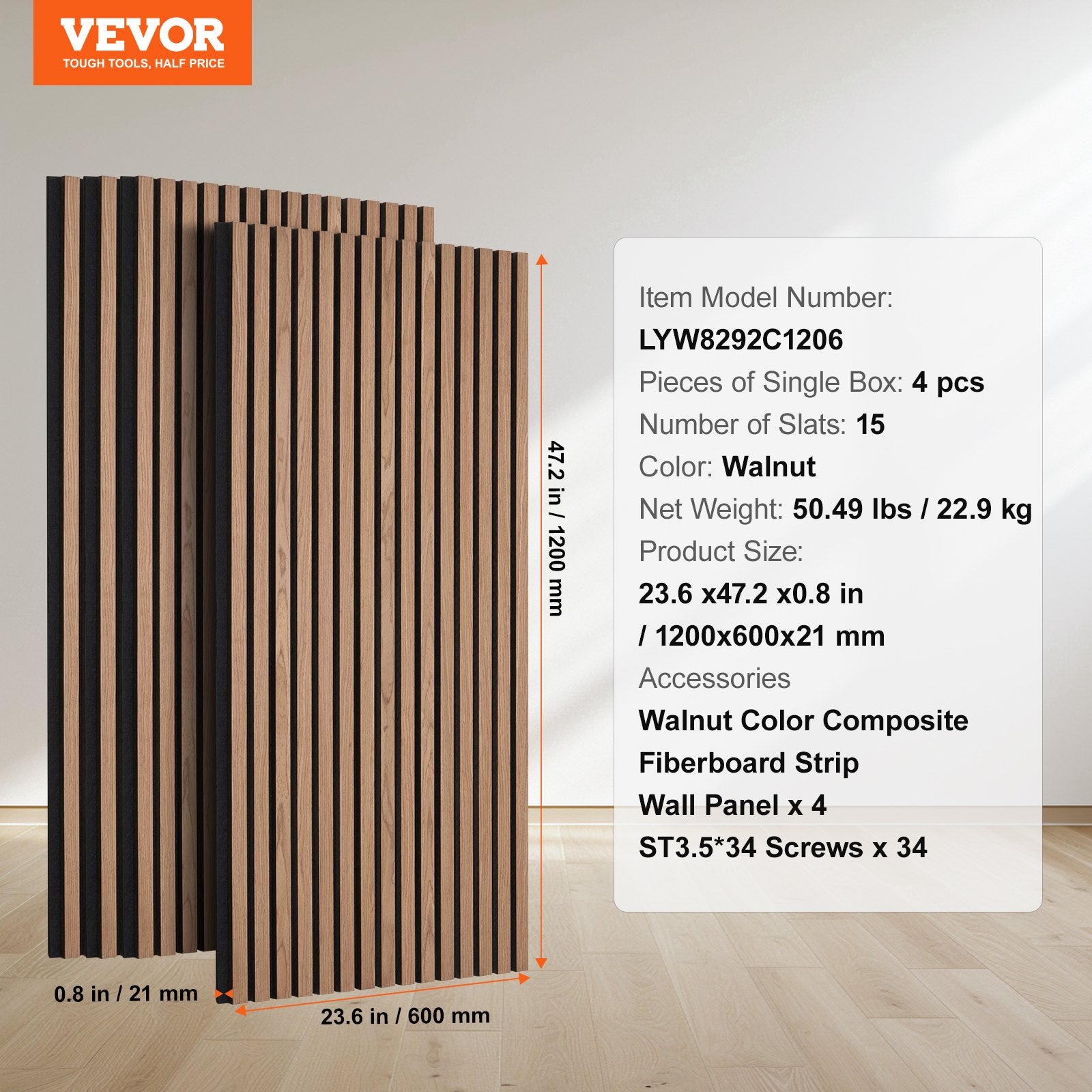 Walnut MDF Wood Slat Acoustic Panels, 23.6x47.2", Stylish Modern Wall Decor for Noise Reduction, Faux Wood Accent Boards, 4 Pcs
