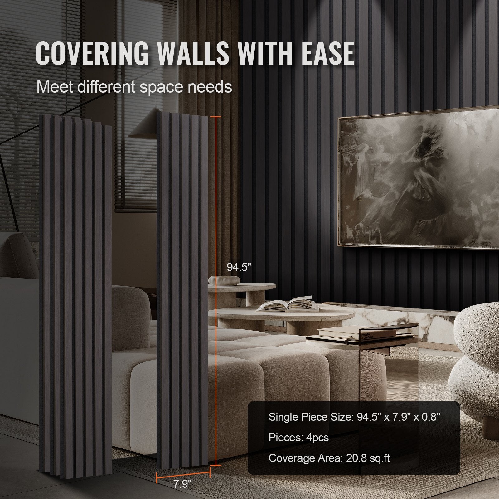 Elegant Black Oak Acoustic Wall Panels - Modern MDF Wood Slats for Noise Reduction, Stylish Interior Decor, Easy Installation, 7.9x94.5 inches