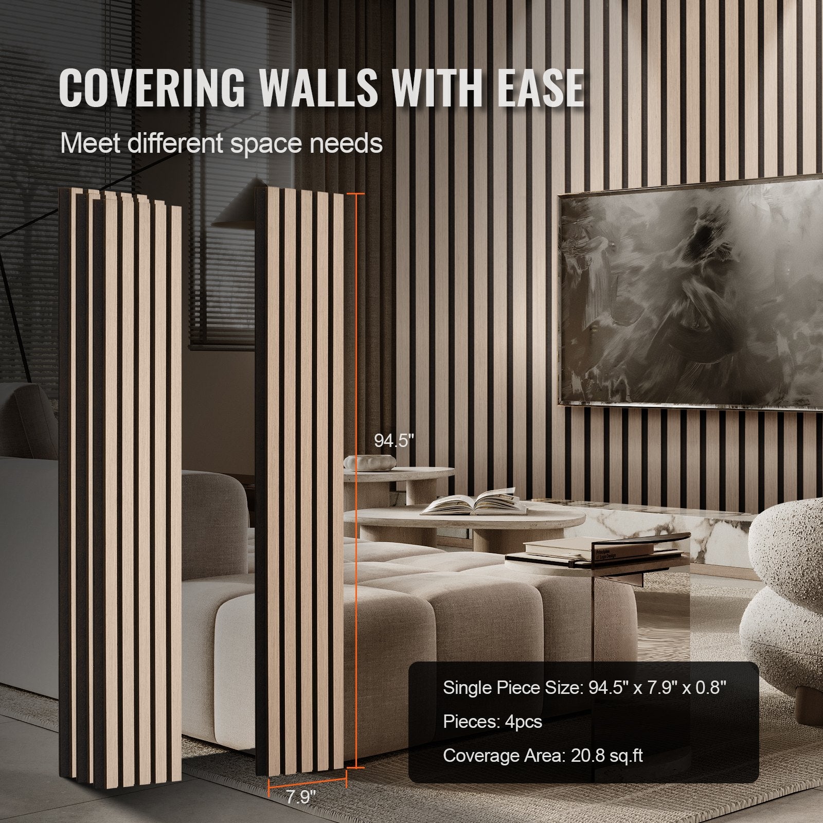 Silver Wood Acoustic Wall Panels - Modern MDF Faux Wood Slat Boards for Noise Reduction, Stylish Interior Decor, 7.9" x 94.5"
