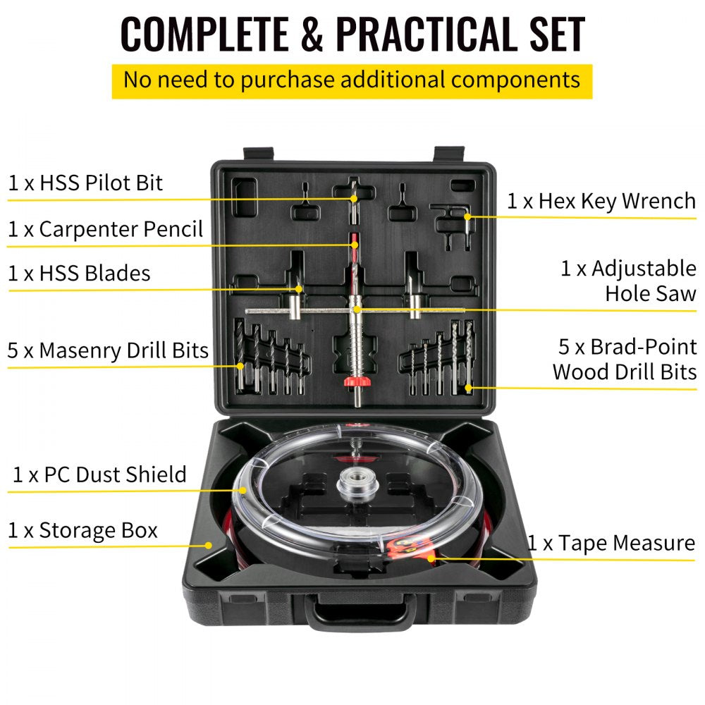 Versatile Adjustable Hole Saw Kit for Recessed Lights and Ceiling Speakers with Dust Shield and Extra Drill Bits, 1-5/8" to 11-13/16"