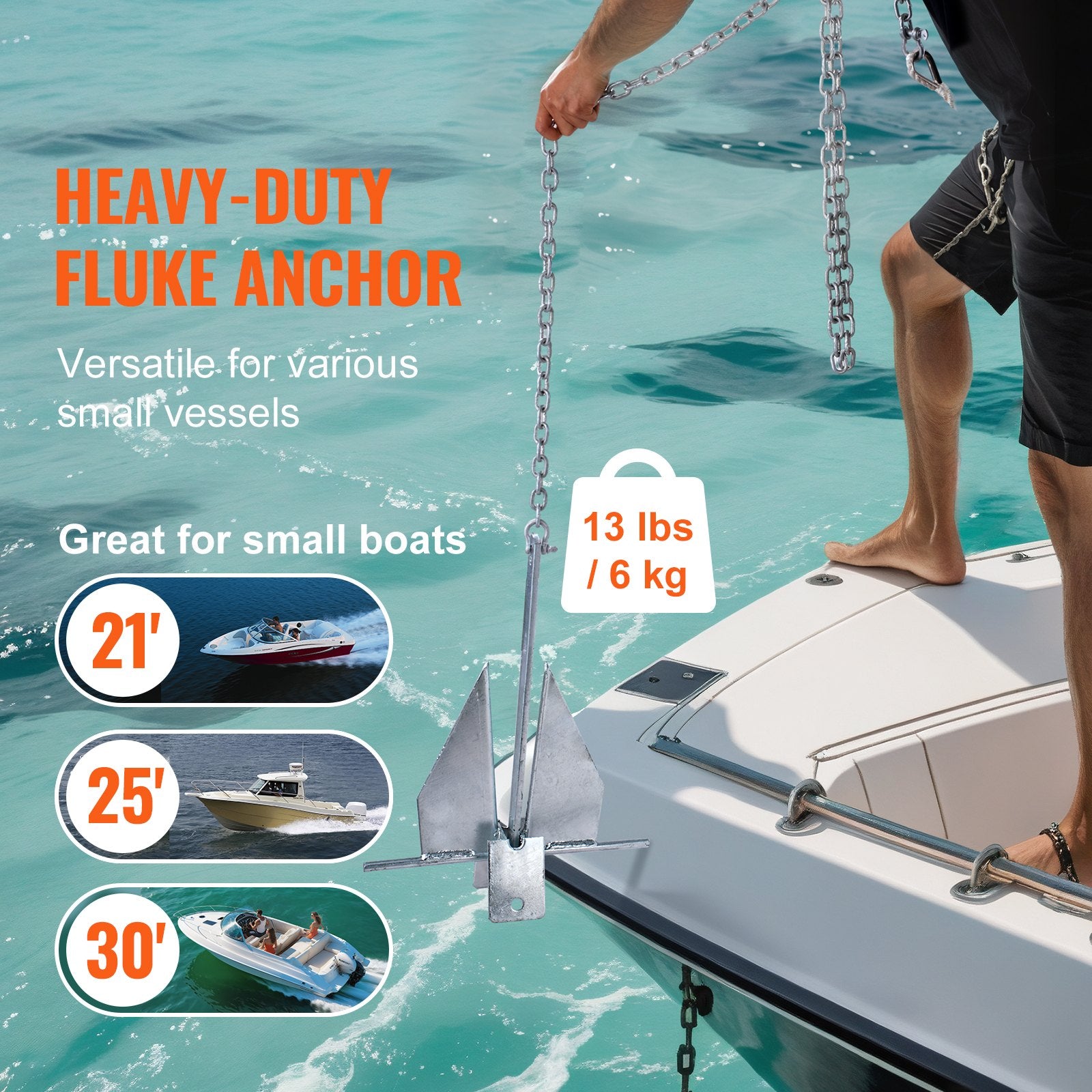 Heavy-Duty 13 LBS Marine Boat Anchor Kit with Galvanized Steel, 7.9' Chain, 101' Rope, Perfect for Small Vessels, Seas, Rivers, Shores Anchoring