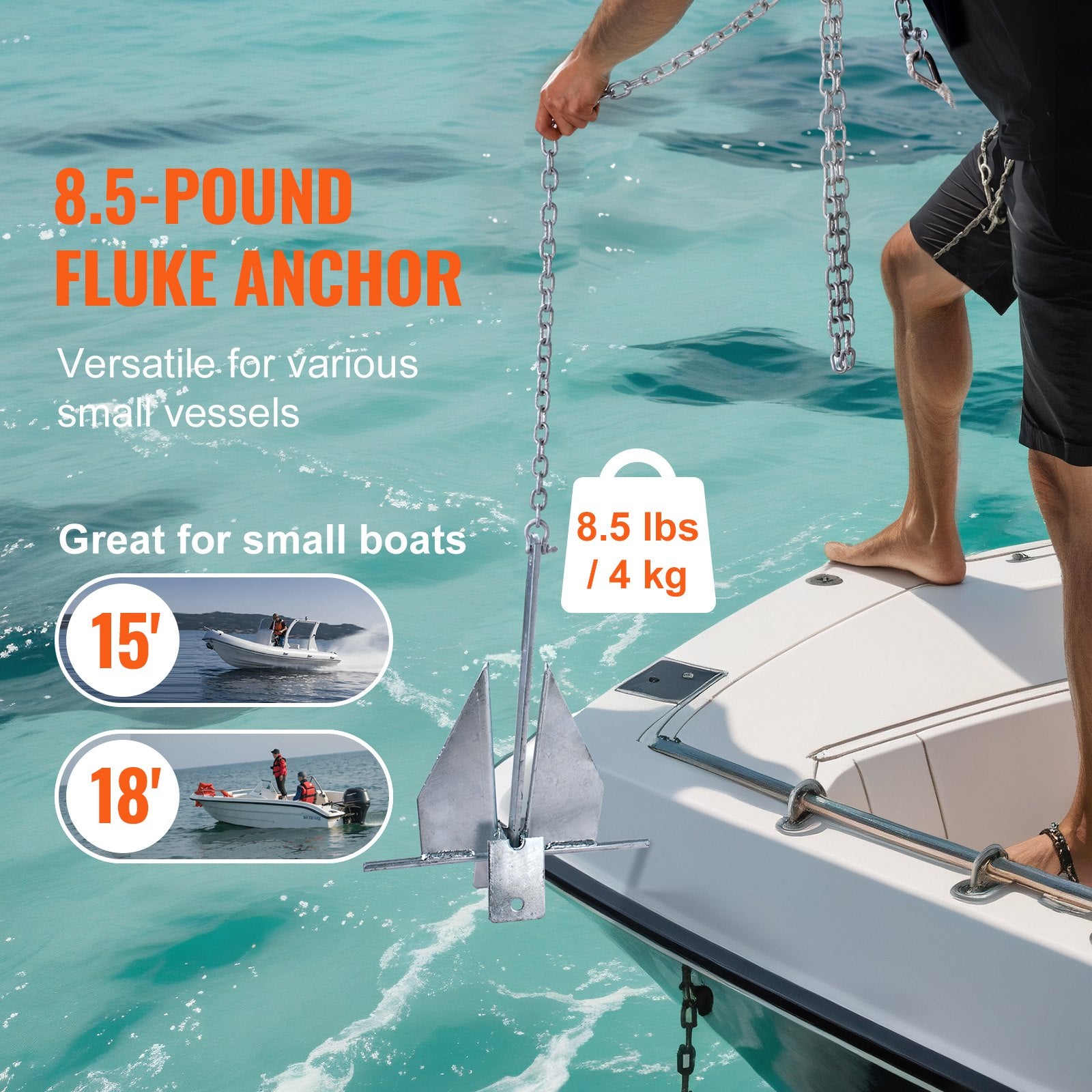 Durable 8.5 LBS Marine Anchor Kit with Galvanized Steel, 7.9' Chain, 75' Rope, for Boats Under 18', Perfect for Seas, Rivers, Shores